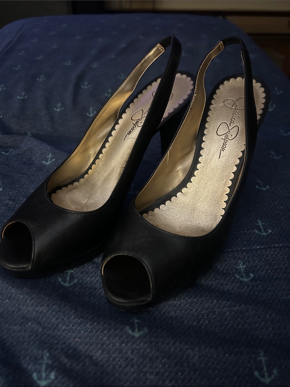 Jessica Simpson Black Peep-Toe Slingback Heels with Gold Lining